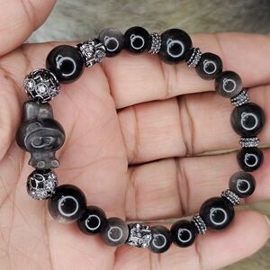 NEW MY MELODY Silver Sheen Obsidian Black Beaded Bracelet